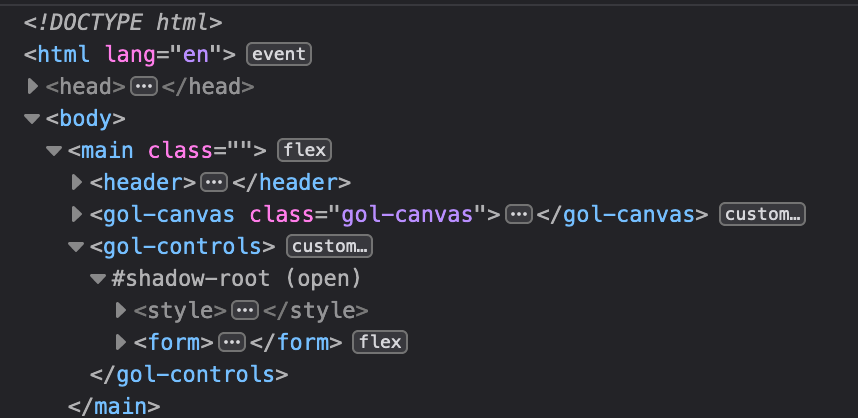 Een screenshot van Firefox Devtools, waarin de shadow DOM van een element wordt gemarkeerd met "#shadow-root"